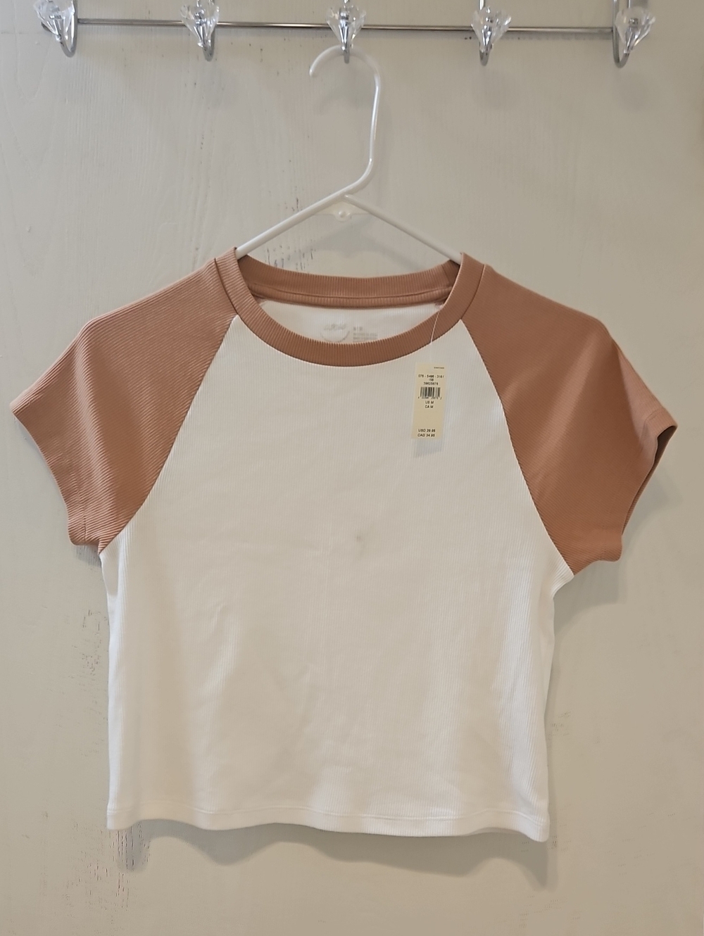 Aerie Baby Tee Crop Top - White with Tan Sleeves